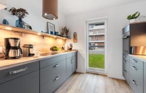 a kitchen with gray cabinets and a window at Villa D'oro in Olpenitz +32 photos