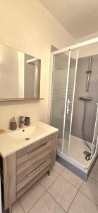 a bathroom with a sink and a shower with a tub at F2 en centre ville proche gare in Beauvais