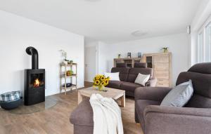 Una sala de estar con un sofá y una chimenea. en Awesome Home In Olpenitz With Sauna, en Olpenitz