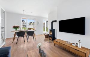 a living room with a fireplace and a tv at Norden in Olpenitzdorf +21 photos