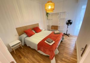 a bedroom with a bed with red pillows and a lamp at Alojamiento en pleno centro con WIFI y Aire Acondicionado in Logroño