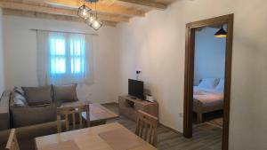 un salon avec un canapé, un lit et un miroir dans l'établissement Apartmani Stara kuca, à Žabljak