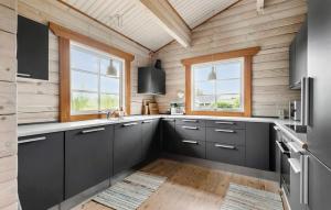 a kitchen with black cabinets and wooden walls at Beautiful Home In Hemmet With Kitchen in Hemmet