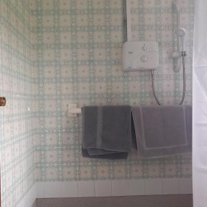 La salle de bains est pourvue de 2 serviettes accrochées au mur. dans l'établissement Drumgauty Cottage, à Strabane