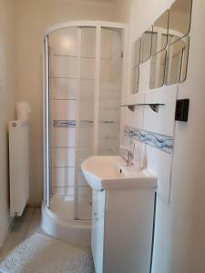 Un baño blanco con ducha y lavabo. en Drevenica Gál, en Kvačany