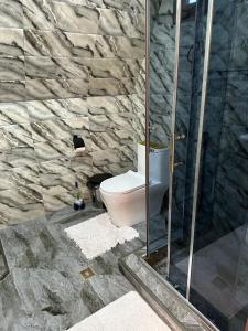 łazienka z toaletą i przeszklonym prysznicem w obiekcie Sunny Cottage w mieście Martwili +25 zdjęć