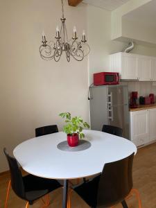 a white dining room table with a potted plant on it at Rebeca külaliskorter in Haapsalu +2 photos