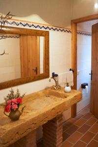 bagno con lavandino in legno e specchio di Can Barrull-Costa Brava-Emporda a Sant Feliu de Boada