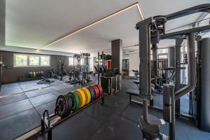 una palestra con un sacco di attrezzature in una stanza di Villa Silvia Apartments a San Felice del Benaco