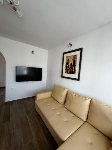 a living room with a couch and a flat screen tv at Kuća za odmor Nera in Komin
