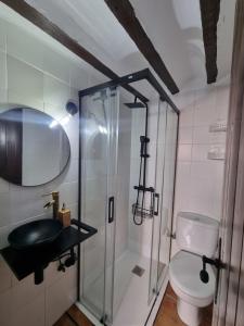 a bathroom with a glass shower and a toilet at Alojamiento Rural El Pontón in Pontones +12 photos