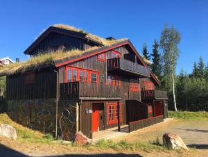 a barn with a grass roof and red doors at Storsten 725C in Trysil
