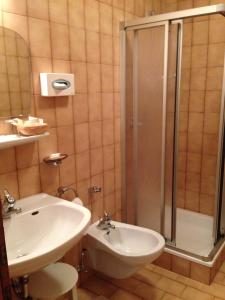 a bathroom with a shower and a sink and a toilet at Hotel Bad Winkel in Campo Tures