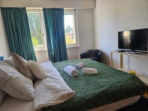 a bedroom with a bed with two stuffed animals on it at Bonito apartamento vacacional1 in Lausanne