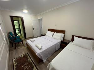 een hotelkamer met twee bedden en een stoel bij Elites 2 in Alexandrië