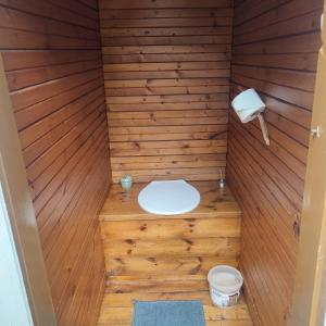 ein kleines Badezimmer mit Toilette in einem Holzzimmer in der Unterkunft Tiny Cozy House in Pärispea
