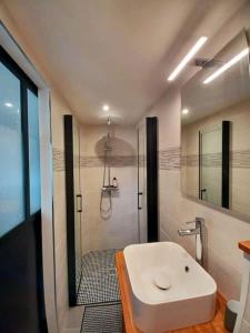 a bathroom with a shower and a white bath tub at Studio entre Bordeaux et océan in Saint-Médard-en-Jalles