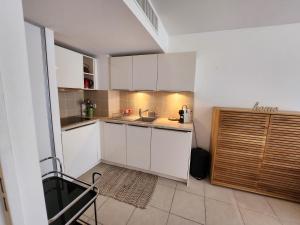 a small kitchen with white cabinets and a sink at Appartement Nice Carré d Or in Nice +11 photos