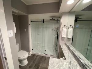 a bathroom with a shower and a toilet at Red Caboose Motel & Restaurant in Ronks +38 photos