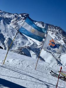 two flags in the snow in front of a mountain at Vultur in San Rafael