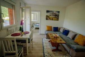a living room with a couch and a table at Panorama Plužine Apartment in Plužine