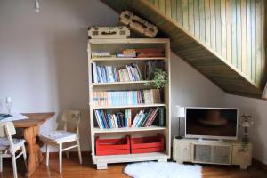 a book shelf with a tv in a room at Apartment Apolon planinski in Delnice
