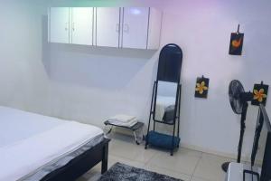 a bedroom with a bed and a mirror on the wall at Kianna Apartments in Mba