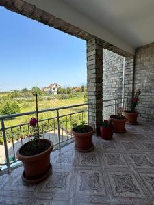 a balcony with several potted plants and a fence at The Cuni Castle in Shkodër