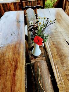 a vase with a red flower sitting on a wooden bench at İpekyolu dağ evleri in Mudurnu