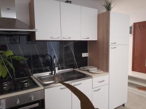 ザグレブにあるApartmani Show Zagrebの白いキャビネットとシンクのあるキッチン