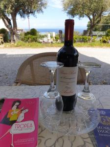 a bottle of wine and two glasses on a table at San Francesco Tropea Accomodation in Tropea
