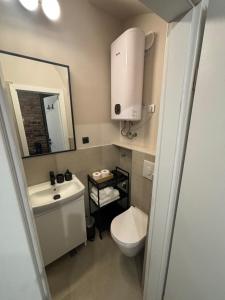 a bathroom with a toilet and a sink and a mirror at City room Zagreb in Zagreb