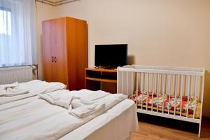 a bedroom with two beds and a tv and a crib at Tömörkény utcai vendégház in Mórahalom