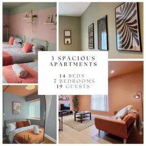 a collage of four pictures of a bedroom at Birmingham City Stay Apartments in Birmingham