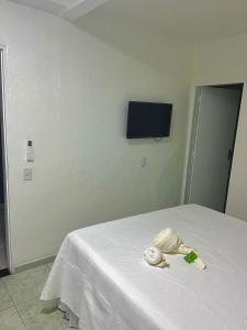 a room with a bed with a white sheet and a tv at Pousada Recanto da Luísa in Paraty