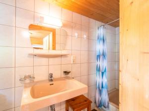 W łazience znajduje się umywalka, lustro i prysznic. w obiekcie Chalet Anna w mieście Bruck am Ziller +22 zdjęcia