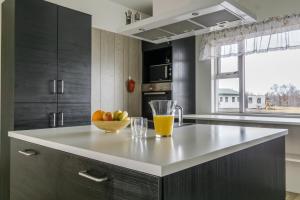 a kitchen with a counter with a bowl of fruit on it at Vogar Travel Service in Myvatn