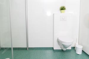 a bathroom with a toilet and a potted plant at Vogar Travel Service in Myvatn