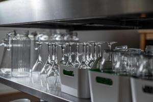 a row of wine glasses are lined up on a counter at Vogar Travel Service in Myvatn