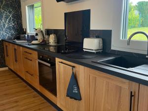 ラ・フレーシュにあるChalet cosy à La Flèche avec terrasse et vue rivière - FR-1-410-424のシンクとカウンタートップのあるキッチン