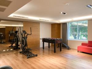 高雄Guide Education Culture Hotel Kaohsiung Museum of Fine Arts的带健身房的房间，配有台球桌和健身器材