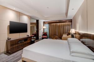 a hotel room with a bed and a flat screen tv at Hyatt Ahmedabad in Ahmedabad