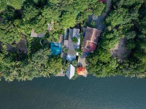 an aerial view of a house in the forest next to the water at Daya Villa in Kampot
