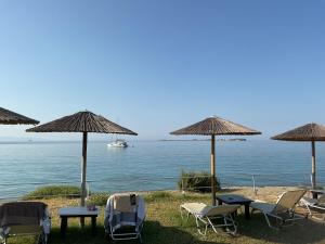 a group of chairs and umbrellas on a beach at Kefalonia Beach Hotel & Bungalows in Lixouri