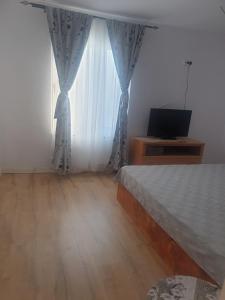 a bedroom with a bed and a desk and a window at Mini vacanta in Tăşnad