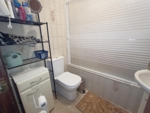 a bathroom with a toilet and a shower and a sink at Tranquil and Spacious Townhouse in Historical and Picturesque Cervera Del Maestre in Cervera del Maestre