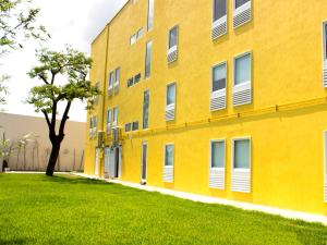 a yellow building with a tree in front of it at Hotel Urbainn in Veracruz