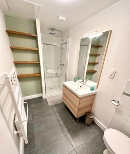 a bathroom with a sink and a shower and a toilet at Duplex familial à la campagne in Orcier +37 photos