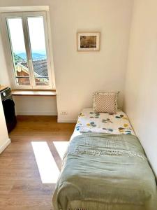 a bedroom with a bed in a room with a window at Duplex familial à la campagne in Orcier