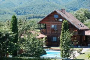 a house with a swimming pool in front of a mountain at Casa Amalia Tocile -Sadu in Sadu